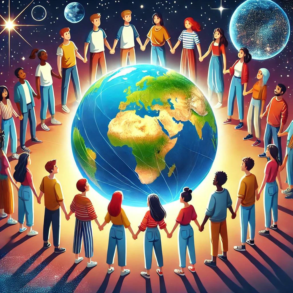 DALL·E 2024 12 13 13.16.50 A diverse group of people holding hands around a glowing Earth symbolizing unity and global connection. The individuals represent various ethnicities
