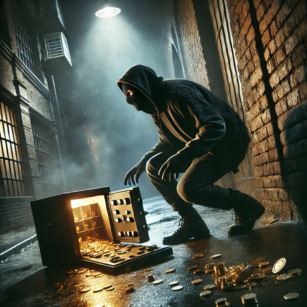 evil DALL·E 2024 12 13 20.52.40 A dramatic depiction of a thief in action set in a dimly lit urban alley at night. The figure is cloaked in dark stealthy clothing crouched near a