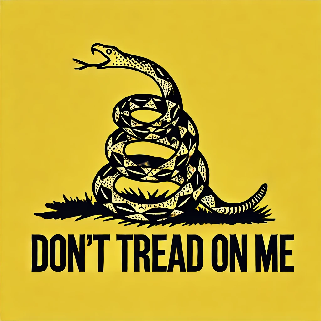 DALL·E 2024 12 13 21.08.59 A bold and iconic representation of the Dont Tread on Me flag. The image features a coiled rattlesnake in a striking pose ready to strike set aga