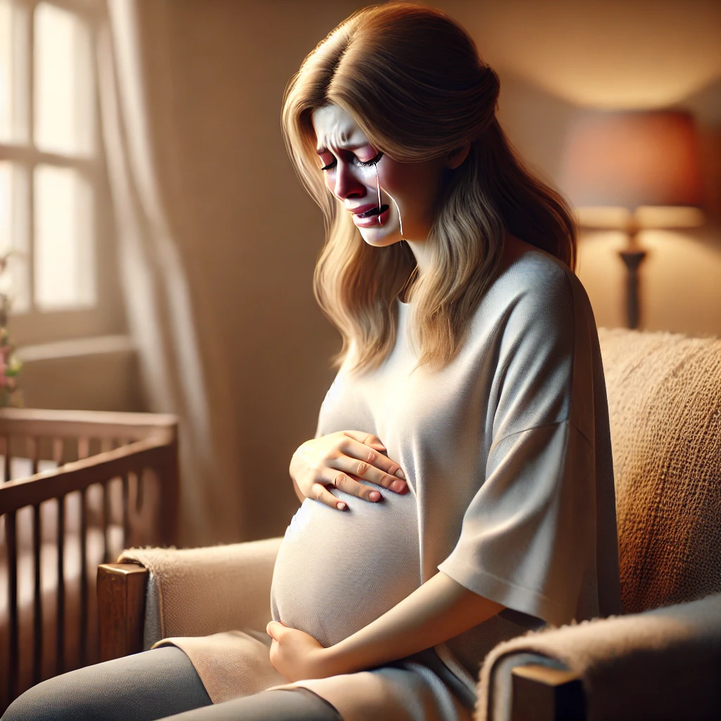 DALL·E 2024 12 13 21.52.59 A realistic depiction of a pregnant woman sitting in a softly lit room crying. She appears emotionally distressed with tears running down her cheeks