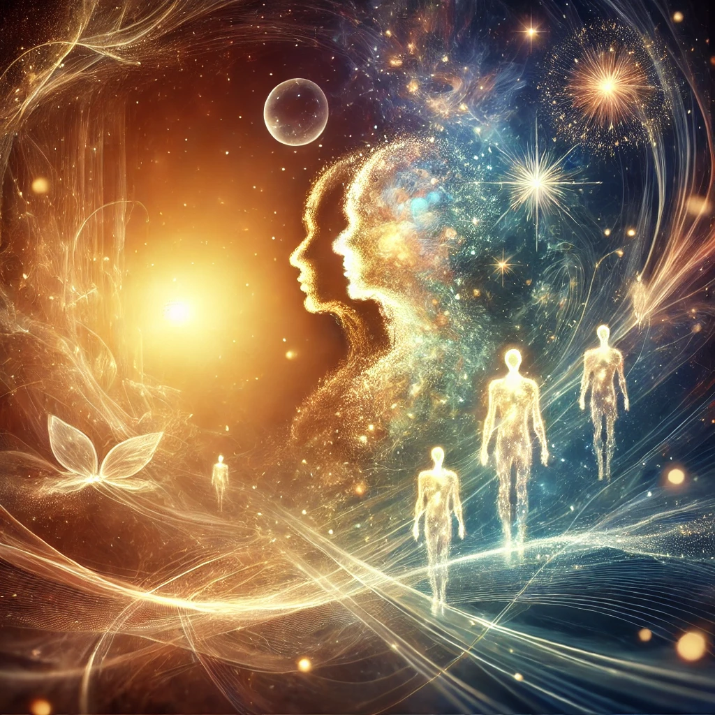 DALL·E 2024 12 30 17.49.28 A serene and ethereal representation of eternal oneness featuring interconnected glowing figures of humans blending seamlessly with elements of natur