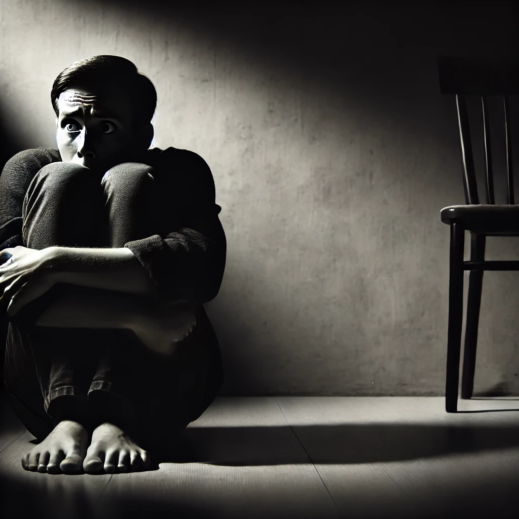 DALL·E 2025 01 01 15.43.05 A person sitting alone in a dimly lit room visibly scared and anxious. The person is clutching their knees to their chest with wide eyes and a worri