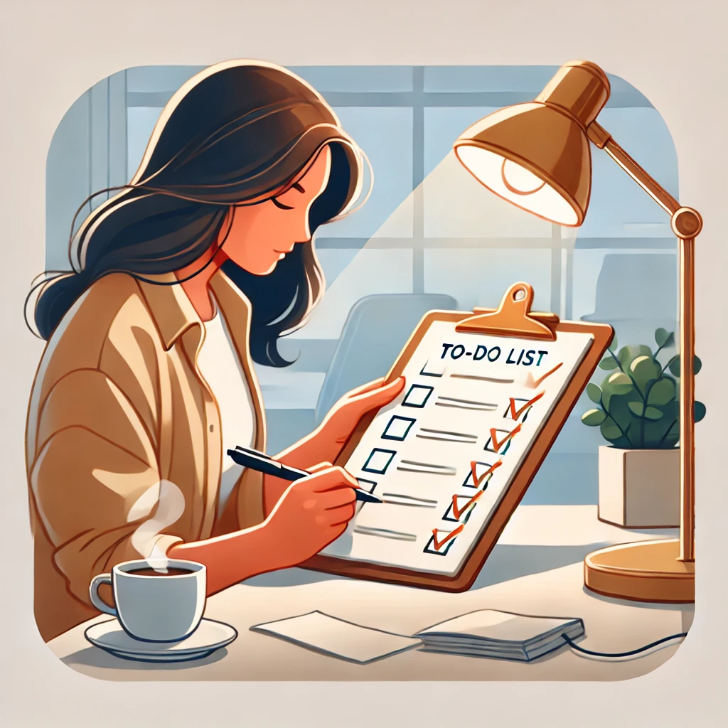 DALL·E 2025 01 06 17.23.27 A digital illustration of a person checking off a to do list. The person is seated at a desk holding a pen with a clipboard and a neatly written che